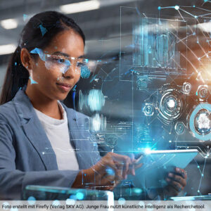 Junge Frau nutzt KI-Tools in ihrer wissenschaftlichen Arbeit zur Recherche.