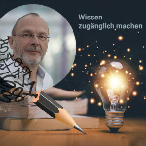 Das Bild zum Blog zeigt in einer Fotomontage, den Prozess des Schreibens eines Lehrbuches. Integriert ins Bild ist Andri Signorell, welcher im Beitrag Einblick gibt, wie aus Expertenwissen ein Lehrbuch wird.