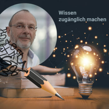 Das Bild zum Blog zeigt in einer Fotomontage, den Prozess des Schreibens eines Lehrbuches. Integriert ins Bild ist Andri Signorell, welcher im Beitrag Einblick gibt, wie aus Expertenwissen ein Lehrbuch wird.